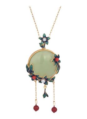 2025年夏季国潮新款复古装风珐琅景泰蓝古法金仿和田玉锁骨女项链