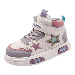 巴布豆童鞋女童高帮板鞋2024春秋新款皮面防水儿童时尚休闲运动鞋