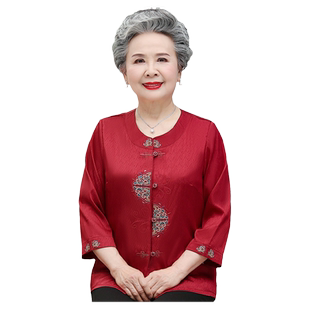 奶奶夏装真丝绸缎衬衫加大码中老年人套装女老人衬衣胖妈妈上衣服