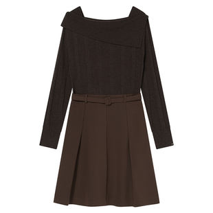 Goodland美地咖色一字领拼接针织连衣裙收腰短款a字裙LC34506427