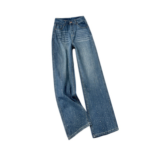 拉夏贝尔满天星烫钻直筒牛仔裤女2026春秋新款高腰显瘦窄版阔腿裤
