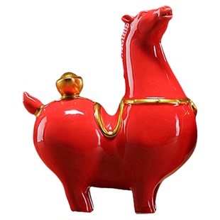 马上有钱陶瓷招财老板办公室桌面博古架摆件红色唐马家居装饰高档