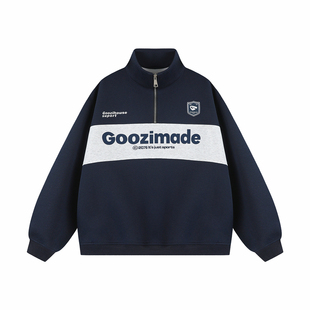 GOOZI MADE 半拉链卫衣男春季美式街头刺绣拼接重磅翻领套头上衣