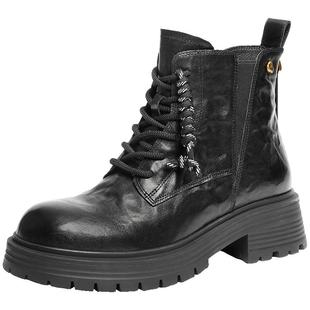 百丽真皮抓皱加绒马丁靴子女冬新款休闲粗跟中筒短靴E8D1DDD5