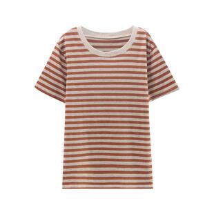 夏装短袖宽松遮肚女士纯棉条纹T恤中老年妈妈款洋气高贵气质上衣