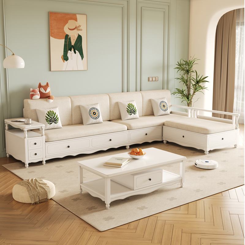 奶油风实木沙发小户型现代简约布艺原木美式田园白色储物客厅边柜