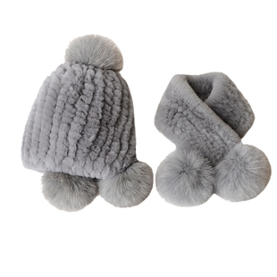 包邮獭兔毛宝宝帽子男女童可爱护耳冬季真皮草儿童真毛围巾二套装