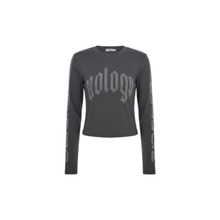 BW 套头圆领撞色字母长袖短上衣灰色修身T恤女舒适极简主义穿搭