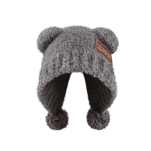 可爱小熊耳朵贴布包头帽子女韩版宽松大头围针织帽秋冬保暖护耳帽