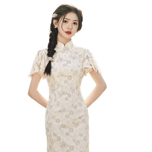 改良短款蕾丝旗袍年轻款少女中国风复古小个子性感修身日常连衣裙
