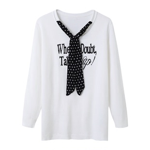 绮娑大码胖MM上衣女秋装领带莱塞尔雪花棉字母印花休闲长袖T恤衫