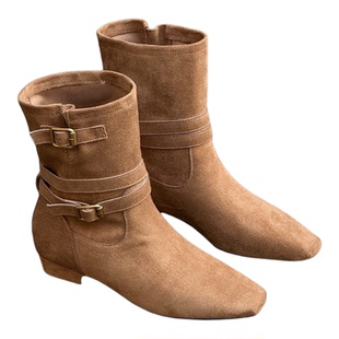 一脚蹬中靴带扣小方头牛仔辣妹风瘦瘦靴秋冬西部骑士靴中筒41码