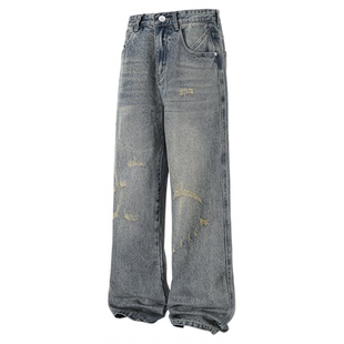 NASA STUSY美式高街2025新款秋冬装加绒直筒牛仔裤男款休闲长裤子