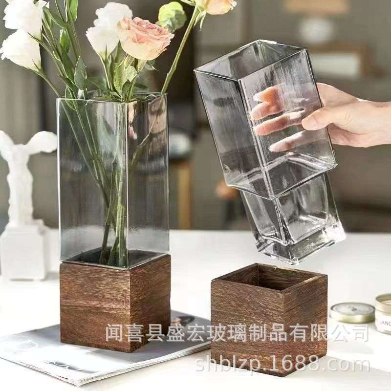 大简约木托玻璃花瓶方缸原色花瓶摆件客厅餐桌银柳插花装饰家用