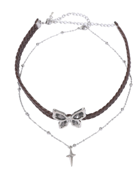 小众设计编织皮革蝴蝶项链十字架