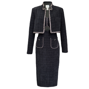 TWANG中古摩登秋冬经典性感吊带连衣裙短款长袖手缝串珠黑色套装