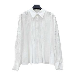 sdeer圣迪奥春装女装复古翻领风琴褶绣花长袖衬衫S241Z0520