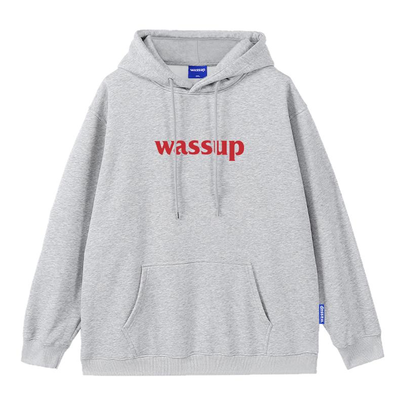 WASSUP潮牌灰色字母连帽卫衣男款