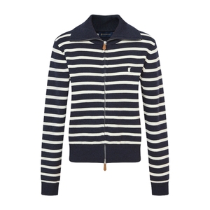 POLOWALK女式长袖针织衫2025秋季新品百搭条纹翻领拉链上衣外套