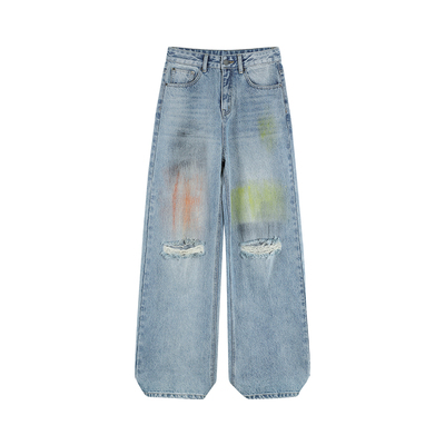 蓝色高腰破洞牛仔裤女涂鸦阔腿裤