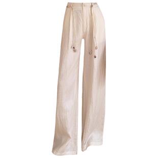 诺仙思美夏新款米白色亚麻阔腿裤女弯刀裤高腰垂感窄版冰丝直筒裤