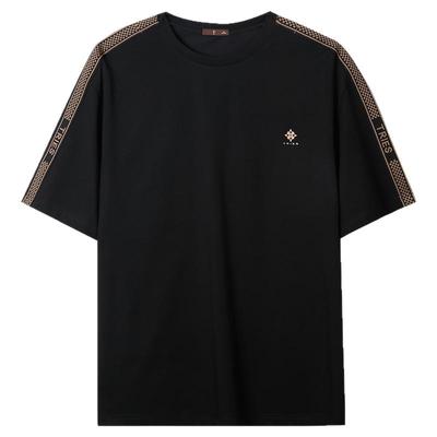 才子黑色短袖T恤男2025夏季新款拼接宽松落肩休闲圆领半袖上衣潮