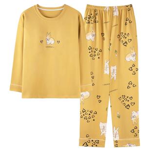 卡之恋带胸垫睡衣女长袖春秋季纯棉薄款爱心兔子印花家居服两件套