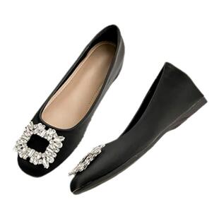 漫漫小个子~内增高5CM法式绸缎水钻方扣单鞋女温柔浅口芭蕾舞鞋女