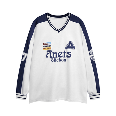 JEM美式字母撞色V领卫衣女球衣潮