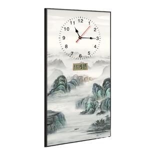 新中式山水画玄关装饰画钟表背景墙挂钟客厅挂画时钟万年历壁画