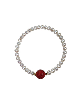 天然白片珍珠朱砂手链