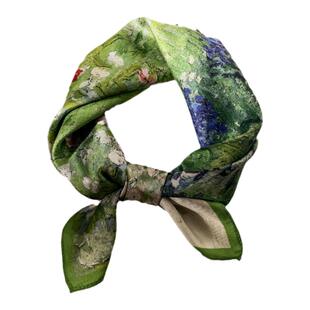 绿色油画小方巾长条发带丝巾女春秋夏季四方正方护颈围脖薄围巾