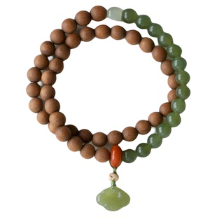 QIANTAO「踏春归」原创新中式天然老山檀木和田碧玉手串多圈礼物