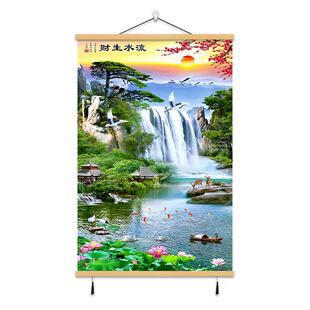 山水画流水生财免打孔墙画风景挂画客厅卧室玄关装饰画走廊墙壁画