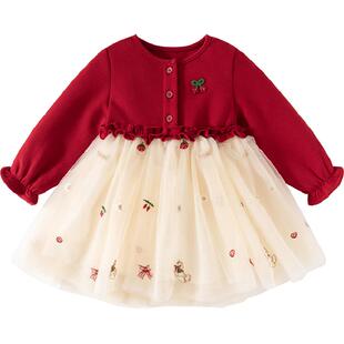 班喜迪女童连衣裙春装网纱裙子宝宝周岁礼服儿童公主裙过年拜年服