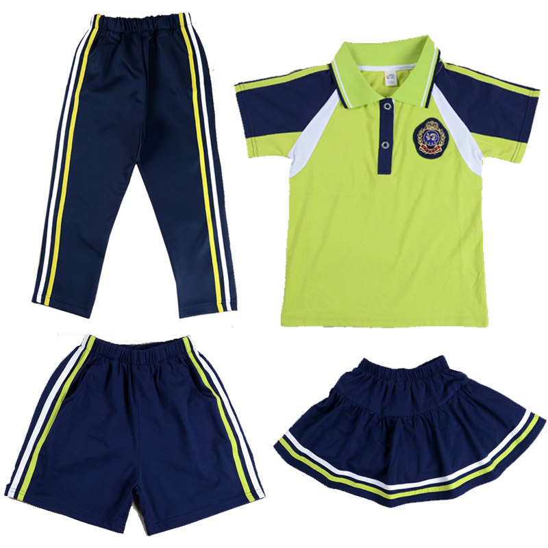 中小学生校服春夏季运动班服男女童短袖裙裤两道杠绿白条裤子外套