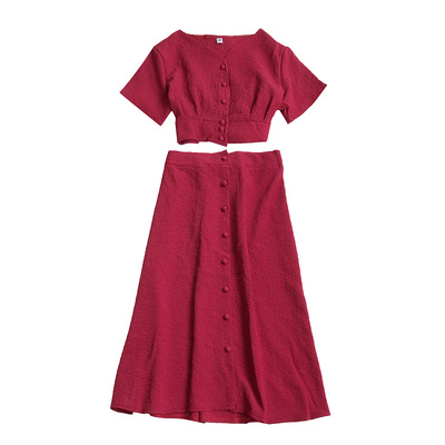 压褶高腰显瘦单排扣大摆半身裙