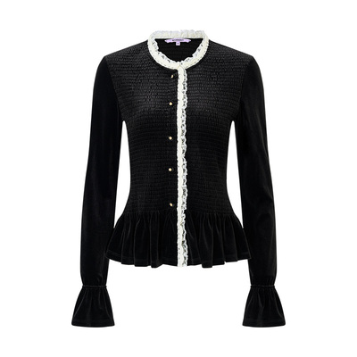 MAXRIENY法式复古撞色蕾丝边收腰衬衫25冬赫本穿搭修身长袖上衣女