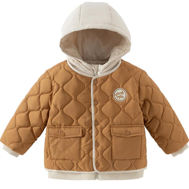 戴維貝拉兒童棉服冬裝新款男童防水連帽假兩件棉衣長(zhǎng)袖外套童裝