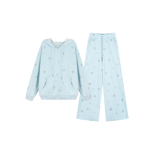 安妮不火 早春雪花印花连帽卫衣外套&休闲裤微胖大码休闲两件套