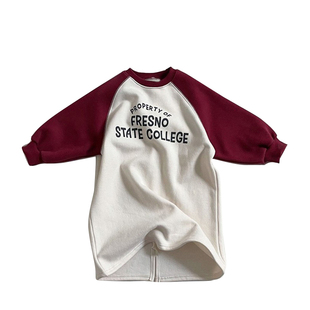 女童韩系秋冬装新款连衣裙时尚休闲范拼色袖字母印花抓绒棉卫衣裙