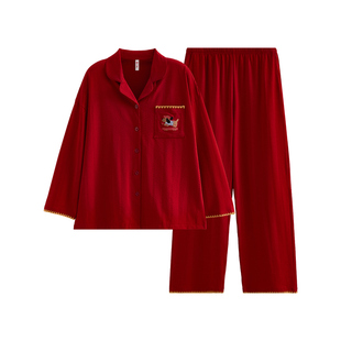 芬腾情侣睡衣春秋季纯棉长袖套装红色本命年结婚喜庆男女士家居服