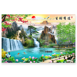 山水风景自粘画客厅沙发背景墙贴装饰挂画流水生财靠山图贴纸贴画