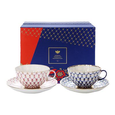 俄皇LOMONOSOV钴蓝网纹手绘茶具