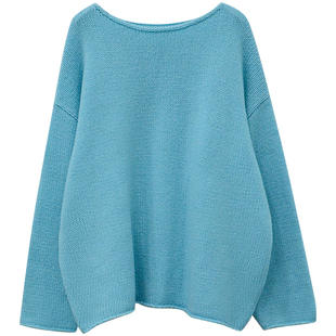 333sss显白湖水蓝100全羊毛粗针卷边宽松套头毛衣上衣女冬