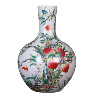 景德镇陶瓷器粉彩九桃花瓶中式插花仿古天球瓶客厅博古架摆件大号