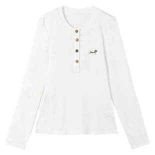 KEIKO美式亨利领白色长袖t恤女2026春季弹力收腰显瘦正肩打底上衣