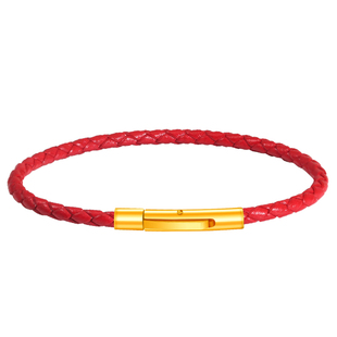 XD编织皮绳红色手链绳男女穿串珠3D硬黄金转运珠本命年情侣款手绳