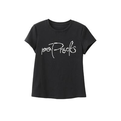 popchrio烫珠字母圆领正肩上衣