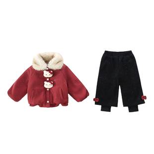 女童巨好看冬装套装儿童红色过新年衣服女宝宝冬季加绒加厚拜年服